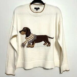 Anthropologie Dachshund Dog 3D Embroidery Novelty Art Beige Knit Sweater NEW M